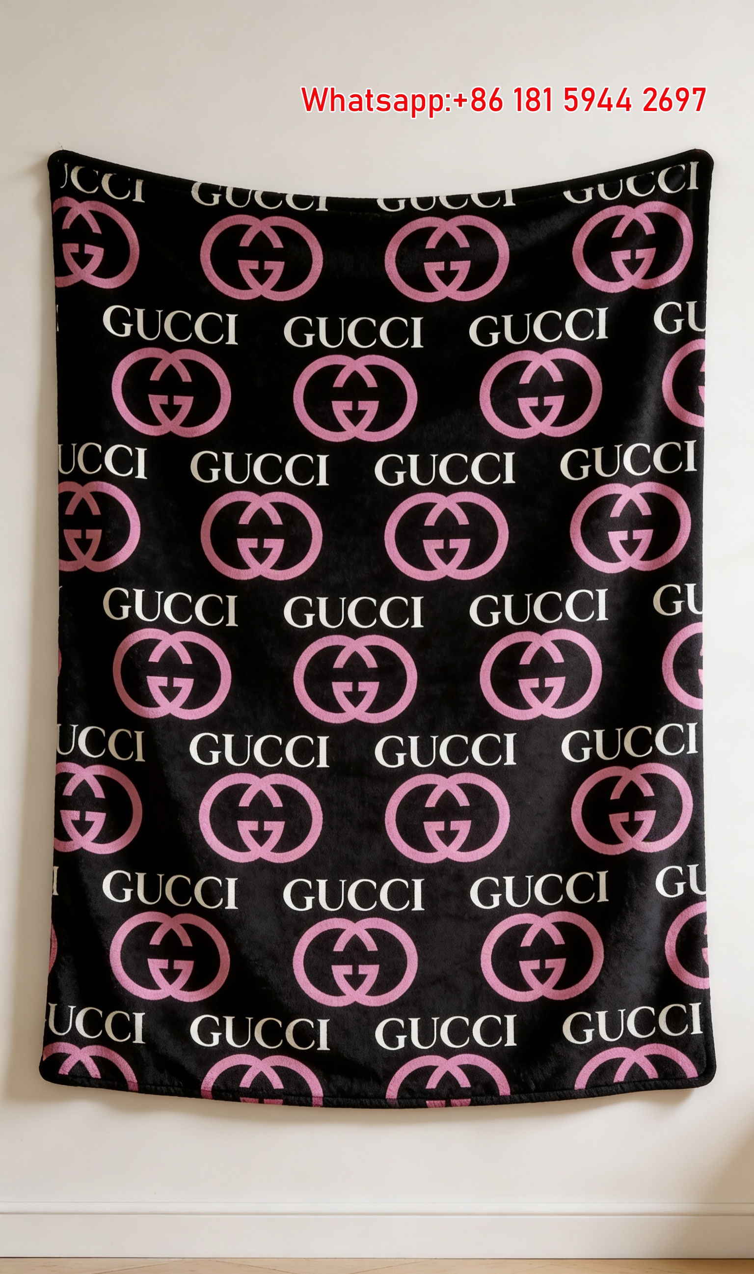 Black & Pink GG Logo Flannel Throw – Colorless Stitched Edge Wall Art Gucci throw blankets IMG_2571